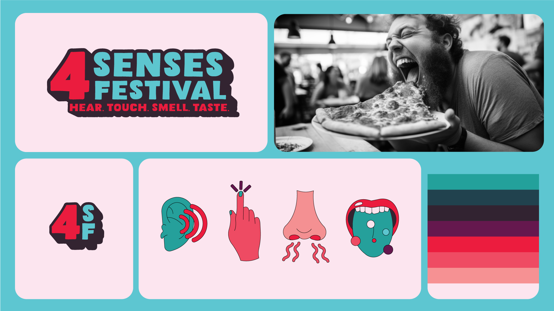 BA Graphic Communication work by Beth Beal showing a bento box for the 4 Senses Festival: a food and drink event aimed at those with visual impairments. This includes the imagery, colours and brand assets.