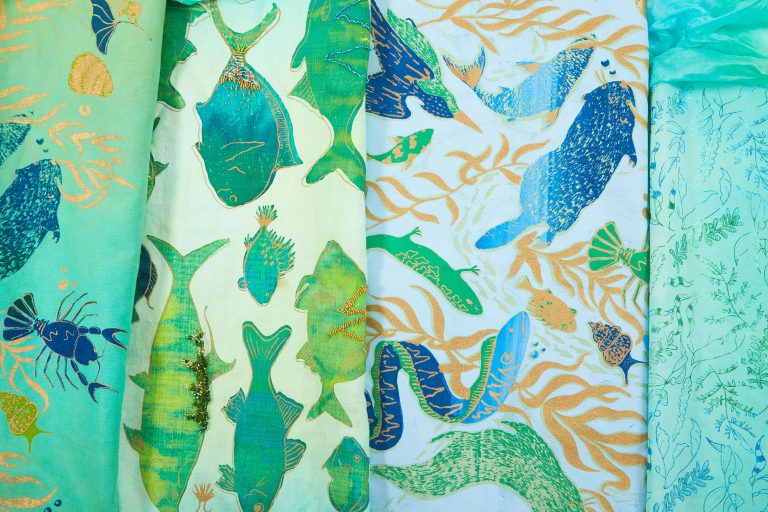 Textile design work by Jessie Thompson showing screenprinted fabrics