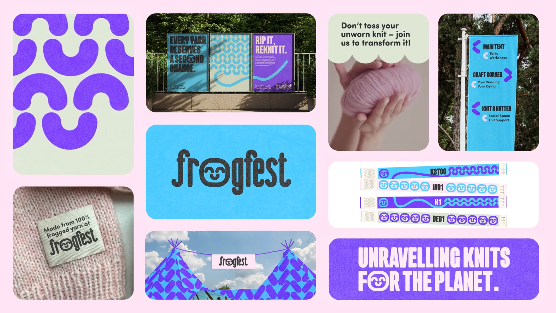 Grid of static and motion elements summarising the brand identity design for Frogfest by Rachel Cramp.