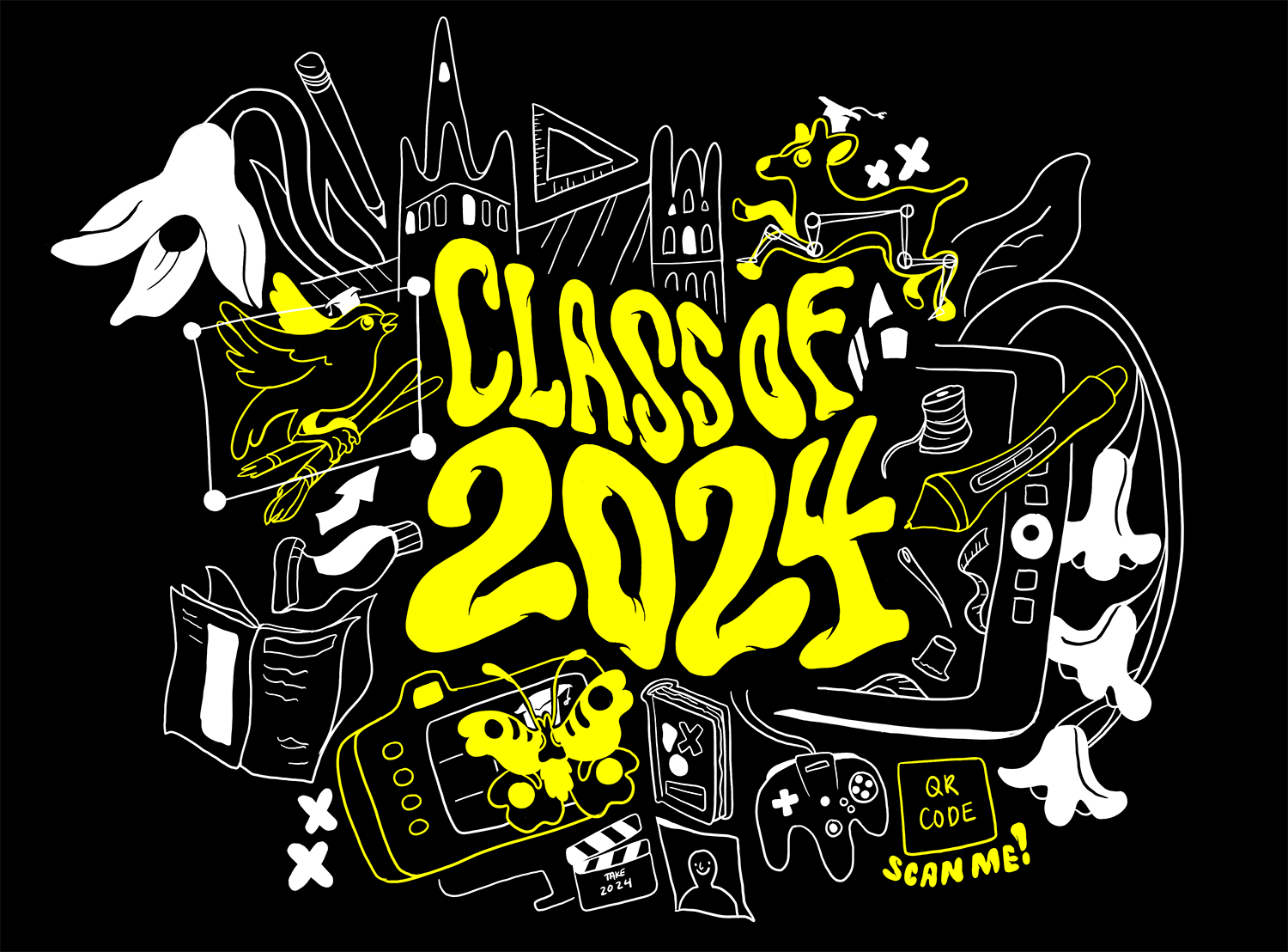 Illustrated animation for the Graduation hoodie showing graphic icons and animals.