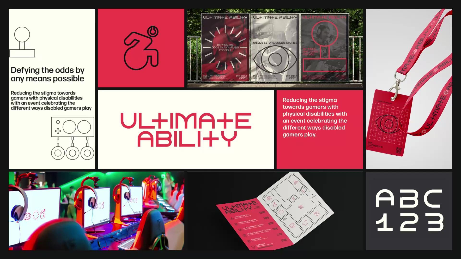 BA Graphic Communication work by Simon Mendoza showing various applications of branding for a gaming festival for physically disabled people.