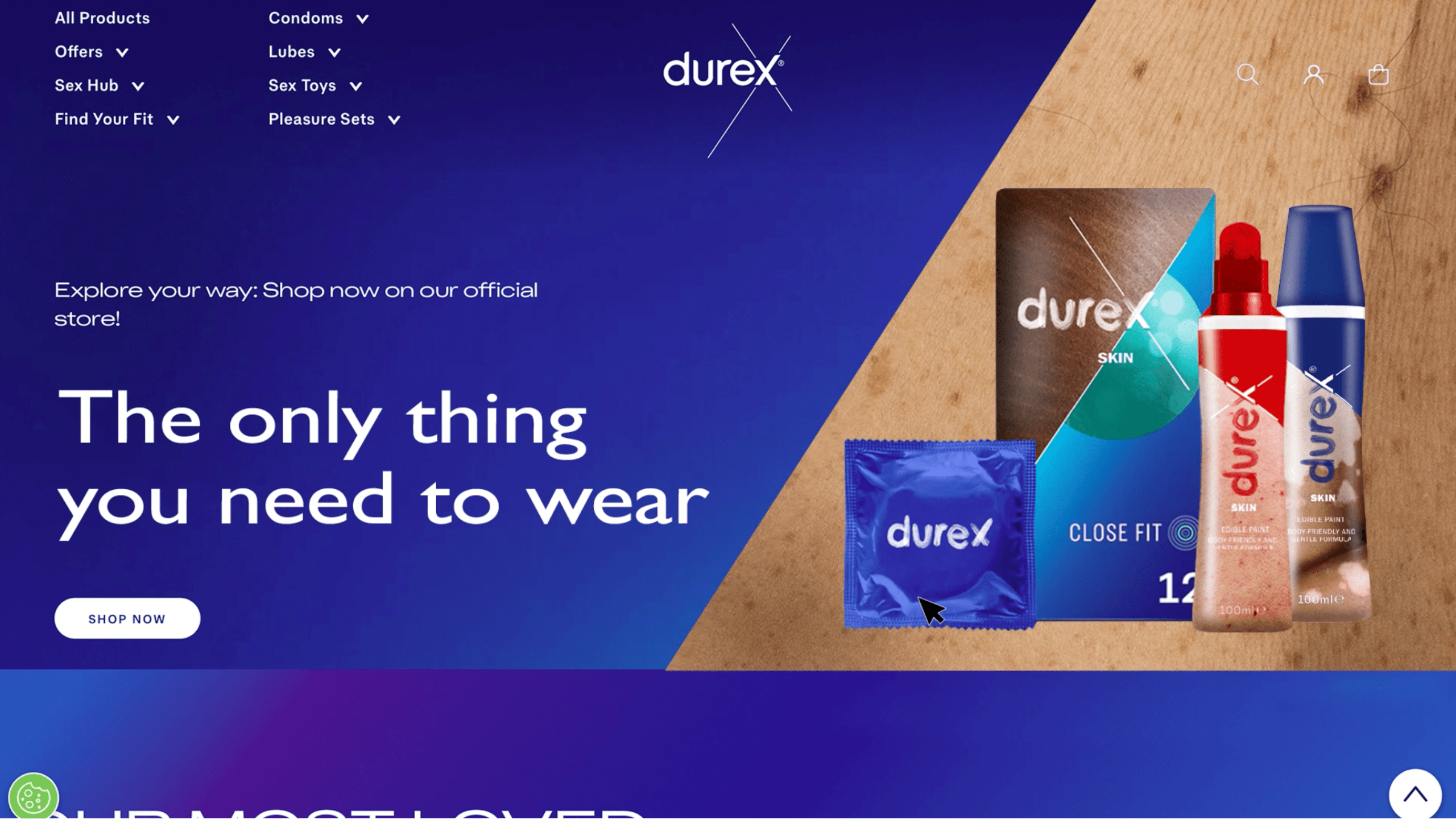 Durex website landing page shows the new skin range of condoms and edible paints, available in a range of colours. This motion shows how the user would navigate through this to checkout and claim a free paint stick.