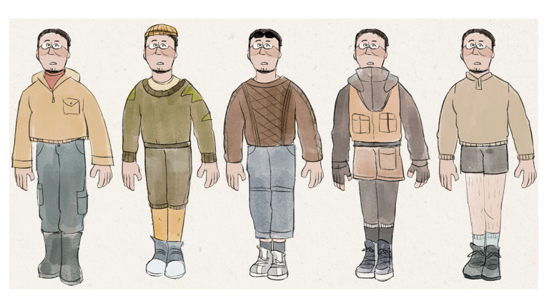 2D digital drawings of a man in five different outfits, in a watercolour style by Elisa Escorial.