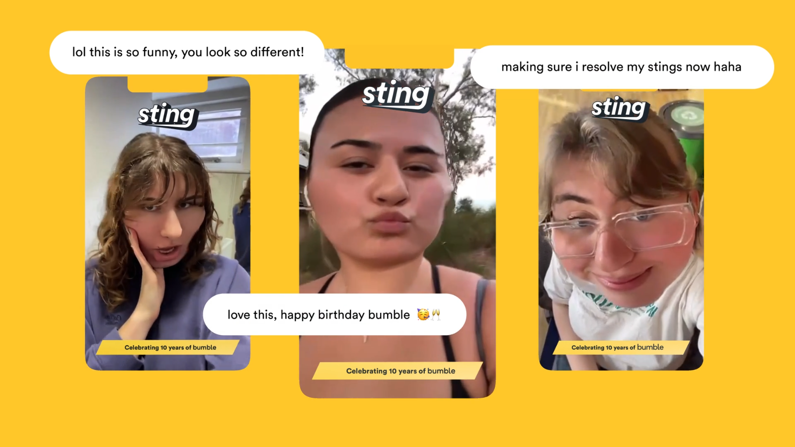 Motion Video by Rachael Smith explaining Bumble Sting, a ghosting alternative aiming to advocate for healthy and safe communication when exploring online dating, showing posters, billboards, social media, UX and filters.