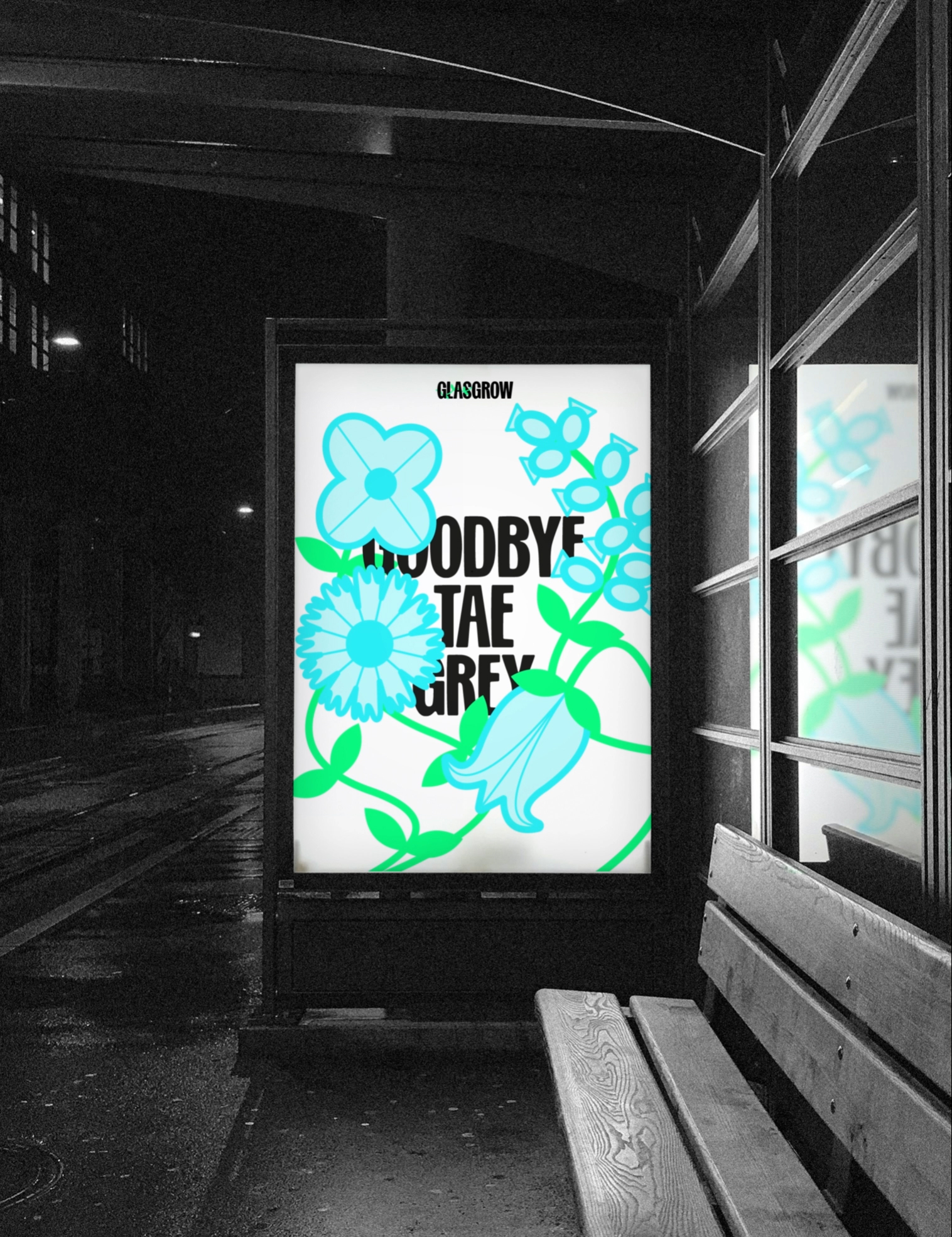 Motion Poster design by Rachel Cramp, with copy stating “goodbye to grey” with blue flower illustrations blooming through it.