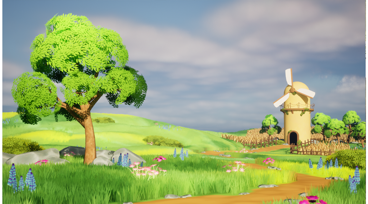 BA Games Art and Design work by Samuel Moye showing a 3D stylized grassland landscape.