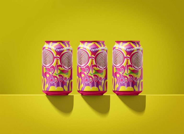 BA Graphic Design by Dwight Evans showing a set of three Dr pepper cans. The cans each use colourful psychedelic patterns to establish the brands weirdness.