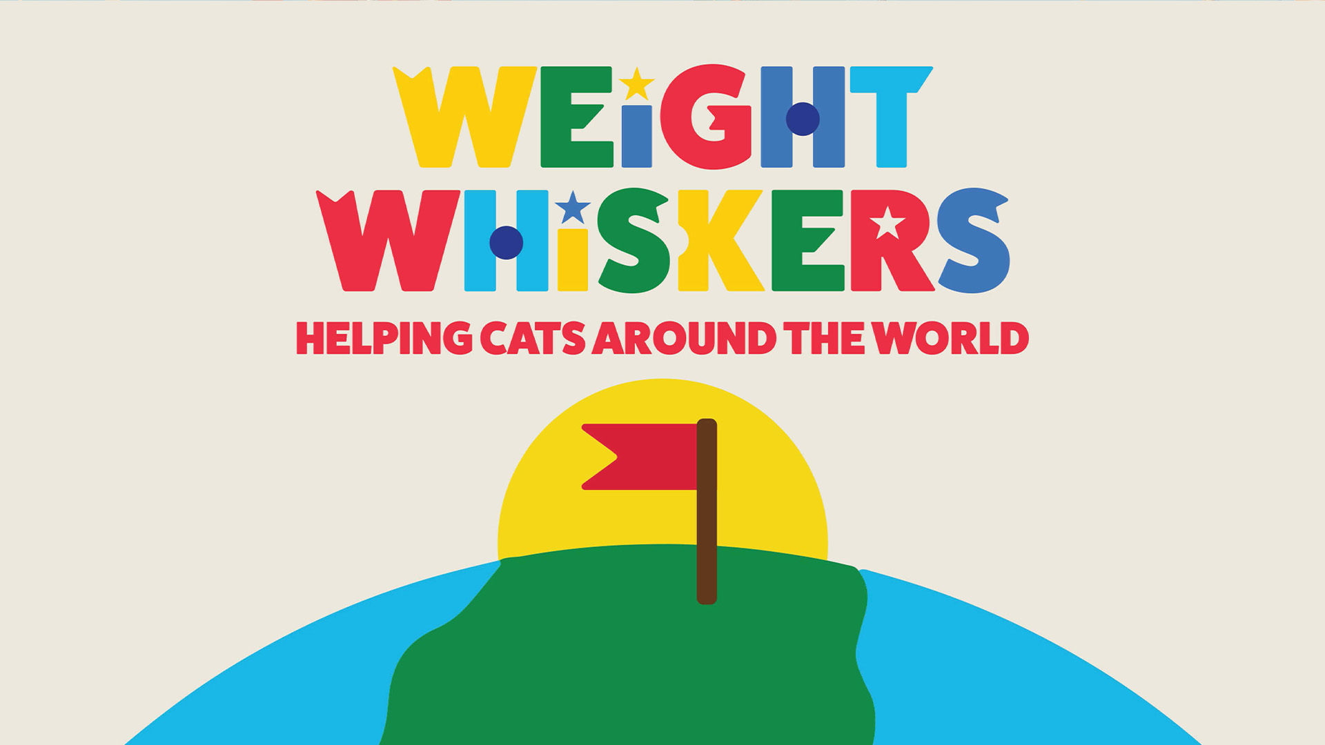 Animation by Georgina Dersiley showing an advert for a colourful cat food brand identity that helps feed starving cats by sending cat food to animal rescues in war-torn regions.