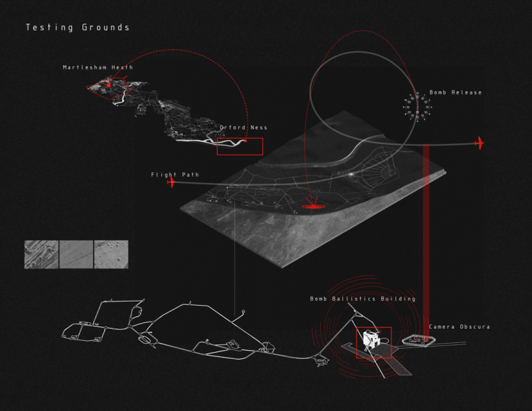 BA (Hons) Architecture work by Astrid Kim showing the bomb testing sequence on Orford Ness