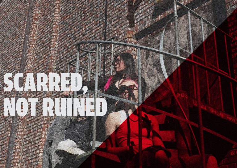 BA Graphic Communication work by Harvey Roberts showcasing Strong photography of clothing models in urban environment, bold white typography and confident red overlap of colour.