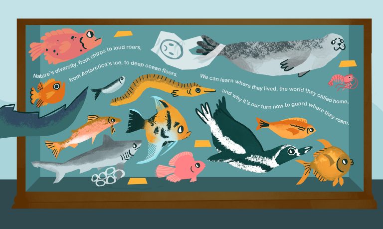 Digital illustration of various taxidermied aquatic creatures in a display case