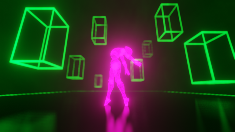 AVFX project from Harrison Rowe showing an illuminated woman dancing surrounded by glowing green shapes