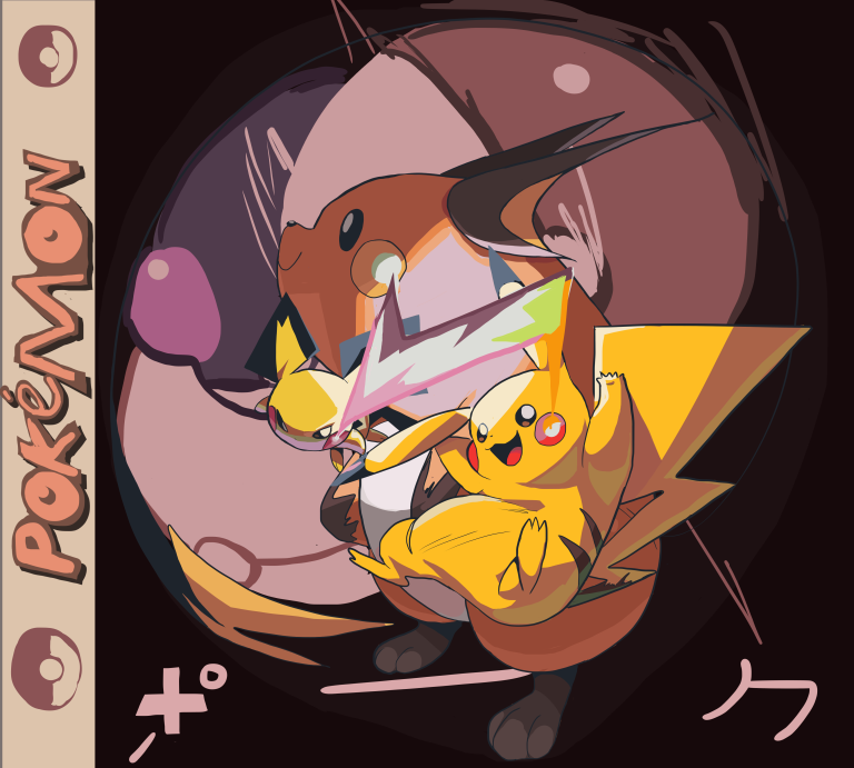 Pikachu, Pichu and Raichu all together connected by a lighting bolt between each other