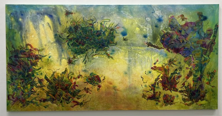 Fine Artwork by Joan Cooper showing a colourful abstract work of folding and unfolding shapes. Blue and yellows provide the background, a sombre and emotional tone.