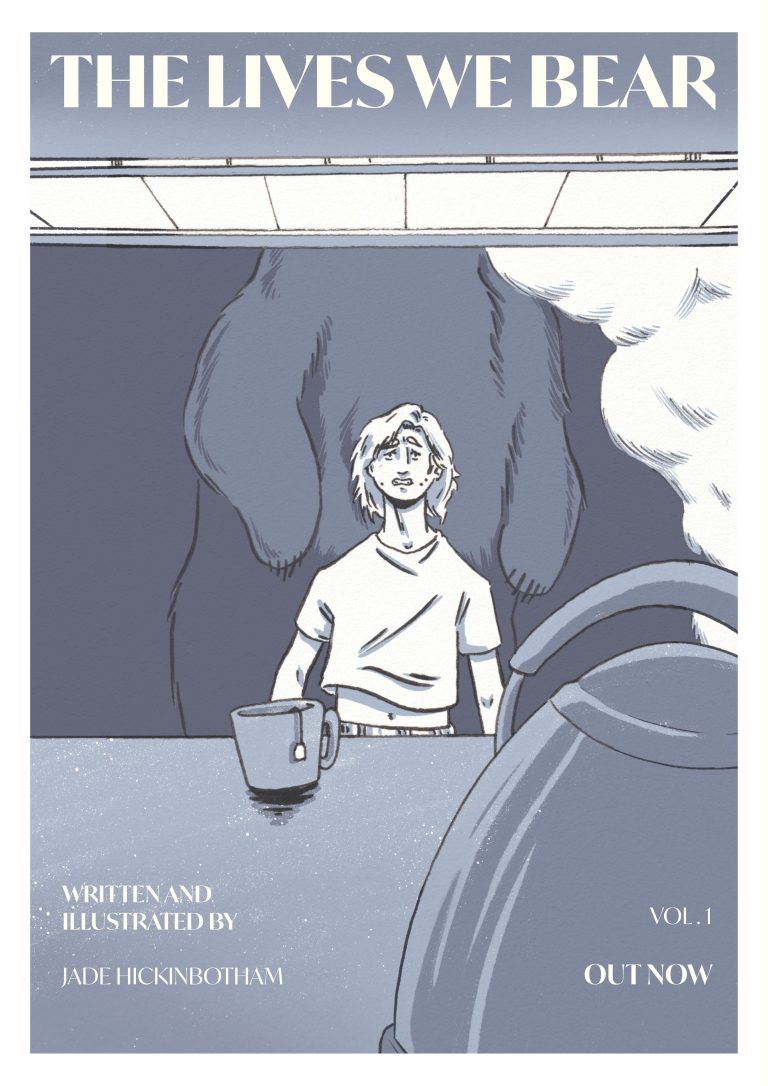 A poster showing a bear behind a person, traditionally inked and digitally coloured.