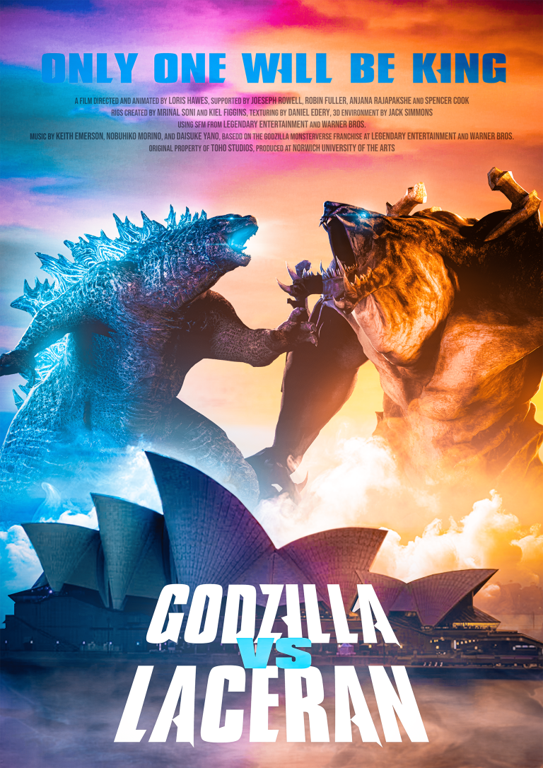 Poster by Loris Hawes showing Godzilla and Laceran behind the Sydney Opera House