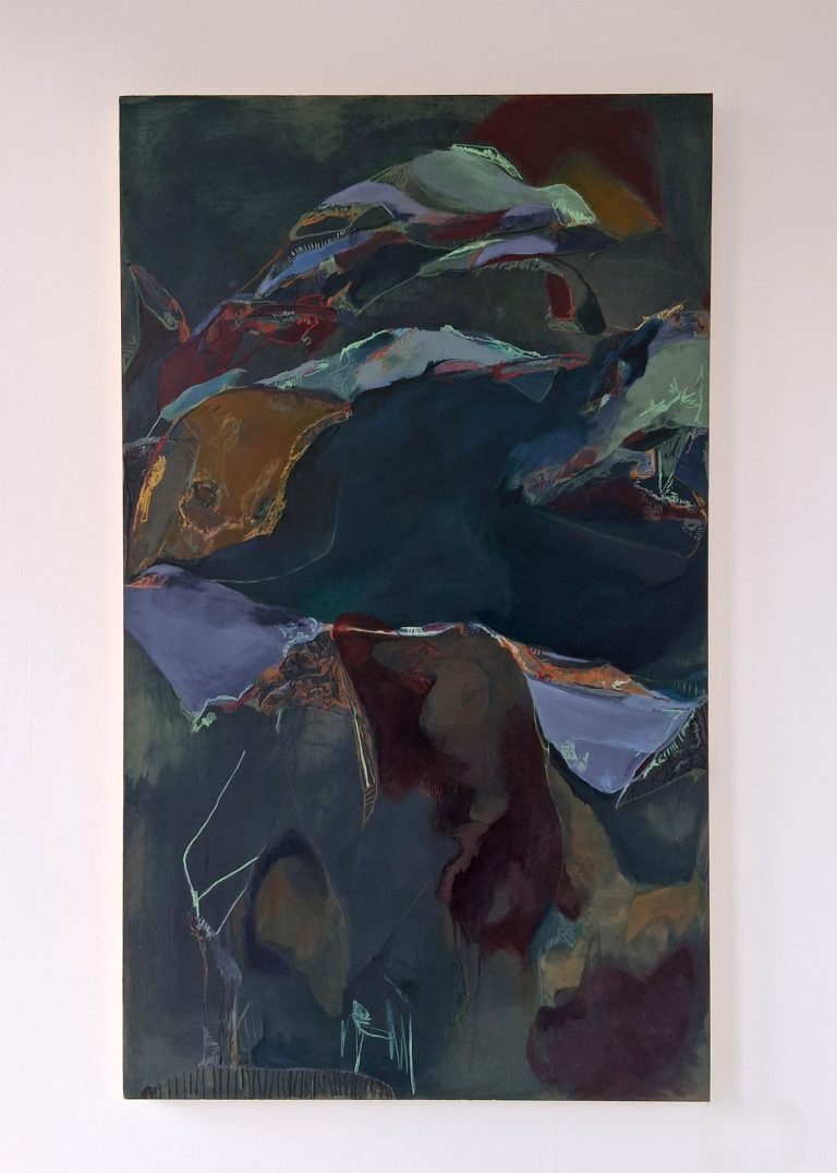 BA Fine Art painting on MDF panel by Layla Adams showing an abstracted landscape using deep shades of teal.
