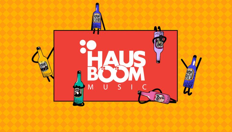 A Hausboom logo with multiple bottle resembling the audience around the logo with their own poses.