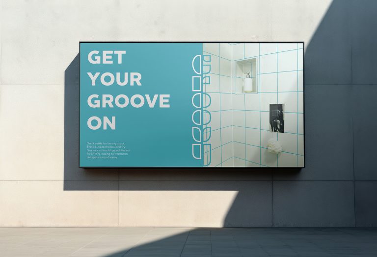 mockup of a billboard with an advert for coloured grout that says 'Get your groove on'