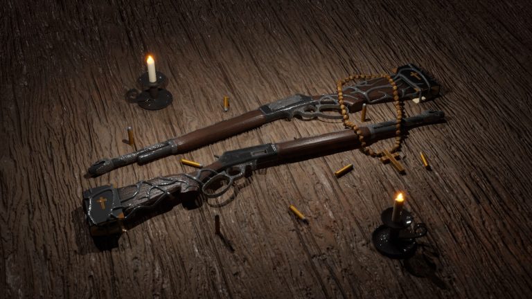 Image showing a lever action rifle on a table lit by candles with bullets around. There is a rosary resting on the rifle and it has a snake themed skin.