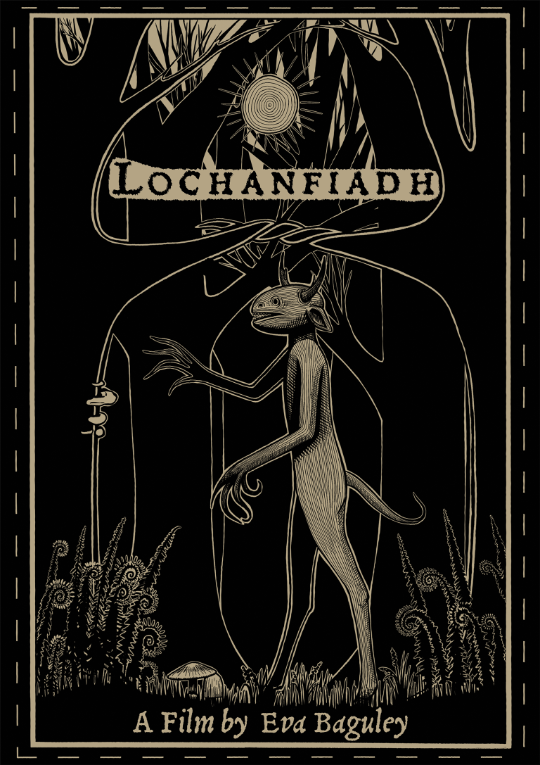 Ba Animation work by Eva Baguley showing a black and white poster showing a creature surrounded by tangling plants and branches.