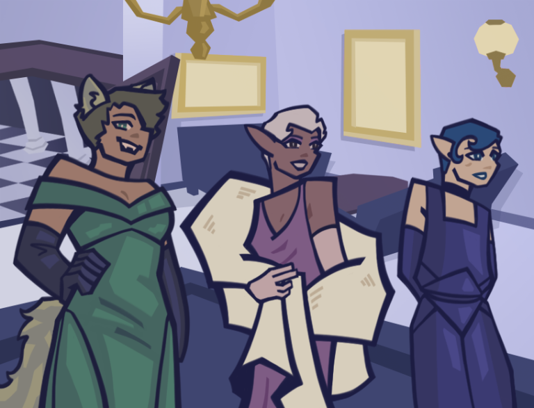 Digital artwork by Arno Cook showing three characters standing in a room with a doorway, chairs and paintings in the background..