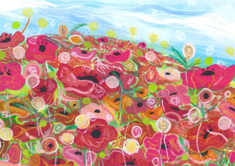 BA Illustration work by Rosie Apple showing a gouache painting of a field of poppies from ‘The Wizard of Oz’. There is a blue sky with clouds and vibrant poppy flowers in a mix of reds, pinks and oranges