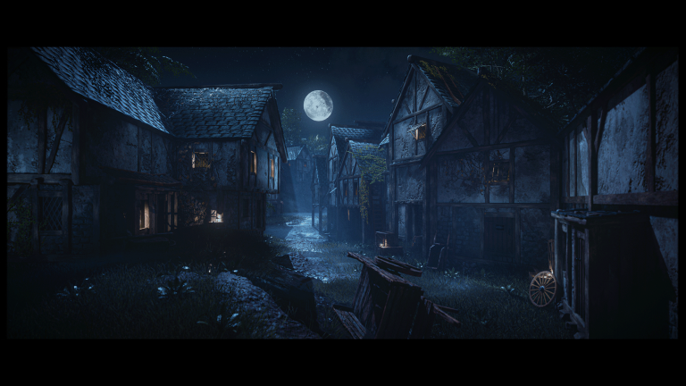 The Village still shot from Sam Bennett showing a an eerie atmpsopheric night shot of a street around the 1500s which could be used in a horror game.