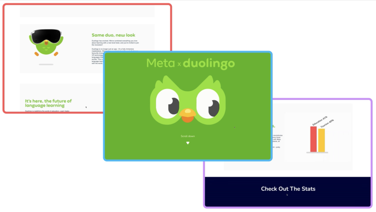Meta X Duolingo micro-site playfully explores VR language learning with immersive storytelling, Rive and Lottie animations—bringing a fresh, interactive twist to language through a Webflow-built experience.