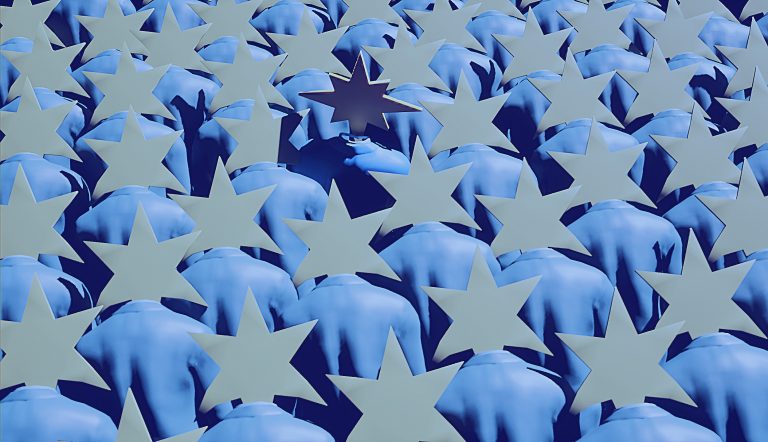 Game art showing a crowd of tired, blue star-headed office workers, with one figure standing tall, casting a shadow to stand out from the rest.