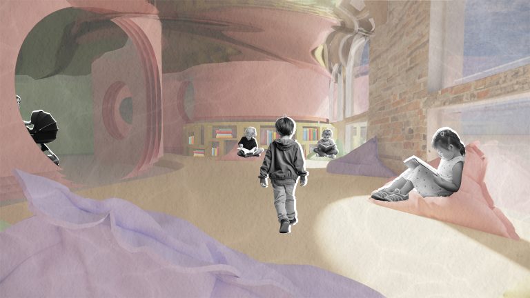 A Render for an interior by Jasmine Chivers Showing a reading nook area with layered curtains and bean bags.