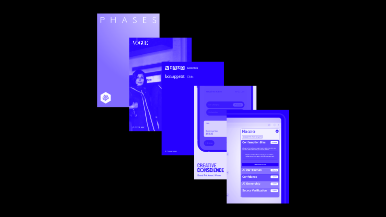 A collage featuring several design elements including a page titled 'PHASES', an image of a woman, and multiple user interface screens highlighting features like 'CONFIRMATION BIAS' and 'CREATIVE CONSISTENCE'.