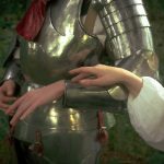 An editorial image with a dreamlike tone of a soft female hand reaching towards a knights arm, clad in shining armour.