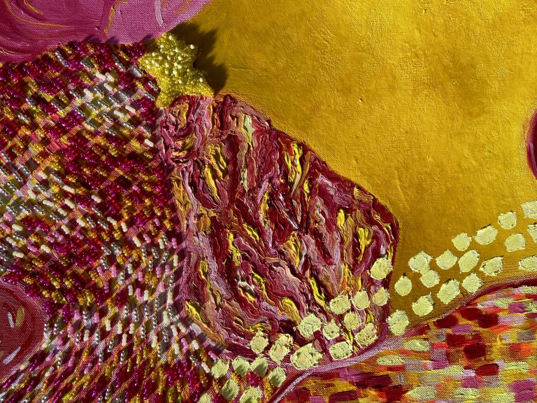 A closeup section of the artwork Dream Portal: Sun Stars showing oil paint and beads in yellow and pink
