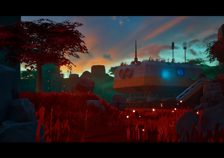 BA Games Art & Design work by Leo Stewart-Jones, showing a vibrant scene of a lone outpost in a red planet, isolated from humanity.