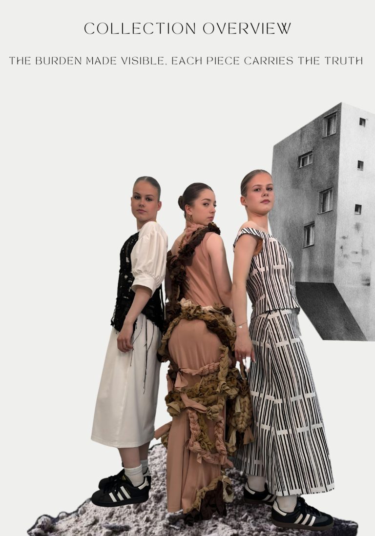 Fashion collection by Francesca Colson featuring entrapped silhouettes crafted from waste materials, with bold barcode prints, distressed textures, and historic-inspired shapes that confront the environmental cost of fast fashion.