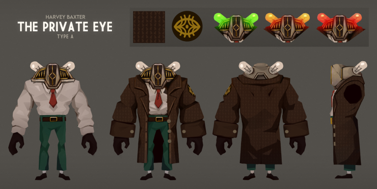 Concept art by Harvey Baxter showing a large enemy design for one of his final projects, with Art Deco inspirations