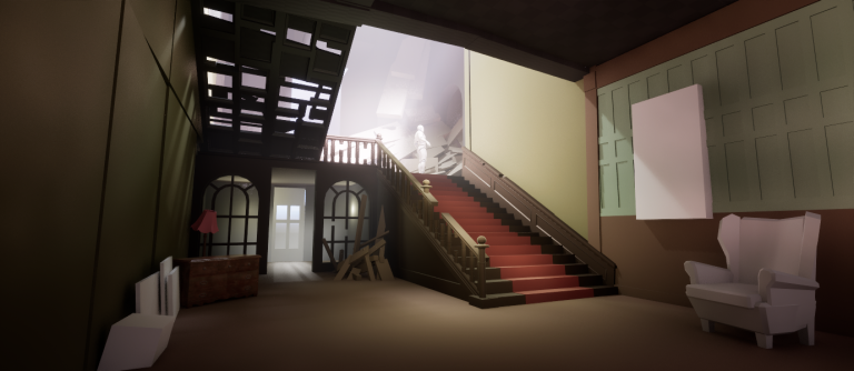 a dimly lit room with a staircase leading up to a bright window, the furniture is dusty and tattered.