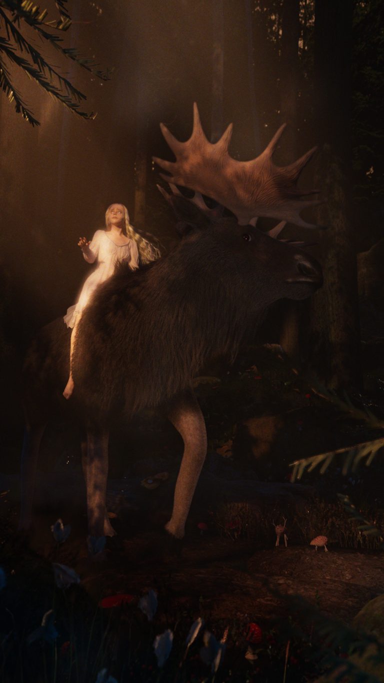 BA AVFX work by Tessa Weckström showing a 3D render of a girl riding an elk through a misty morning forest.