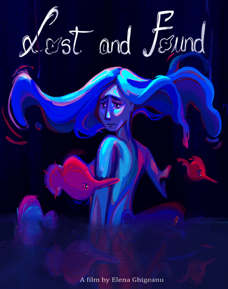 Poster featuring Endora in blue hues with a vulnerable expression, surrounded by symbolic fish. Lower body submerged in water; red reflection below represents her emotional past.