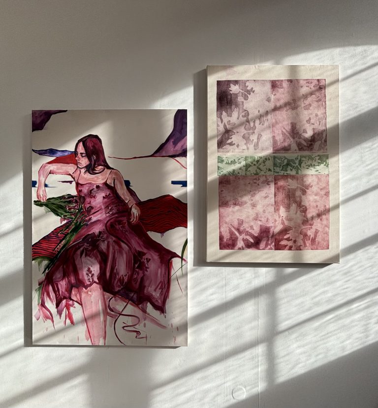 Painting and print work by Melanie Rebecca showing a self portrait alongside an abstract print.
