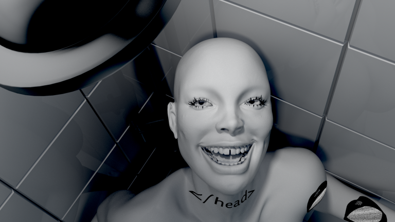 BA Animation and VFX work by Amber Pashley showing a CG scene of a woman in a shower with animated tattoos.