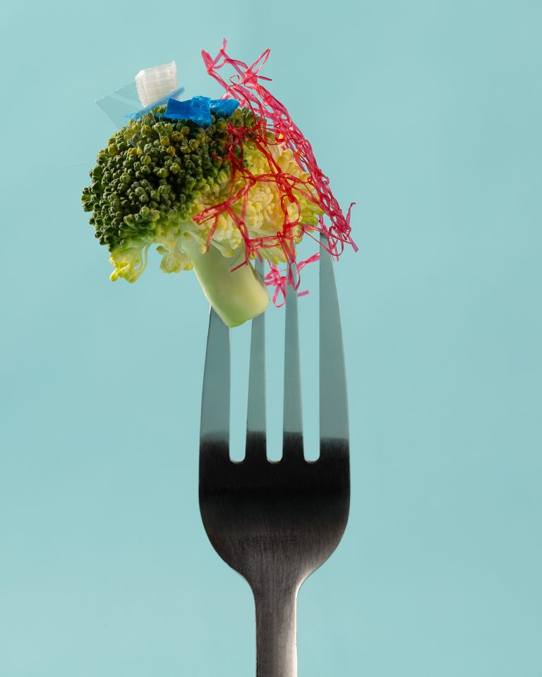 A vibrant image of a piece of broccoli on a folk with pieces of plastic sticking out of it.