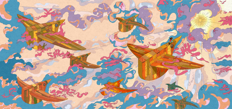Illustration by Aalia Ashraf featuring mechanical-like birds soaring through the sky with a little girl on one of their backs