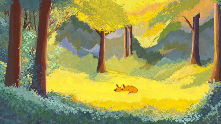 A colourful forest scene with a sleeping fox in a yellow meadow