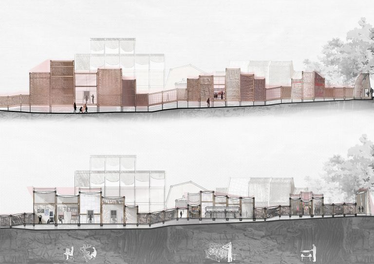 BA Architecture elevation and section by Isabella Dawson showing the relation of the exterior and interior.