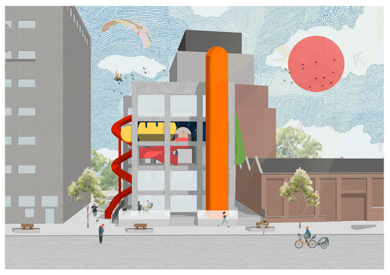 BA Interior Design work by Anya Williams. Showcasing the exterior of her designed building. Emphasising colourful tubes that hold different modes of transport.