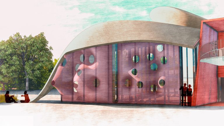 BA (Hons) Interior Design render by Ilayda Oguz showing curved kinetic façade with circular openings; behind it, bike storage is integrated, blending infrastructure and envelope into a breathable architectural skin.