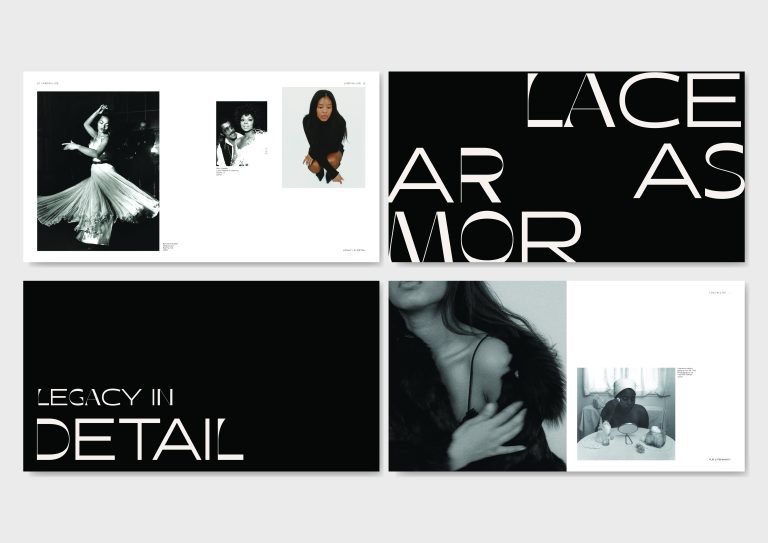 BA Design For Publishing work by Gabrielle Sarpong, showcasing editorial featuring a woman in vintage Black glamour-inspired poses and clothes. It combines fashion photography, archival imagery, bold typography and femininity