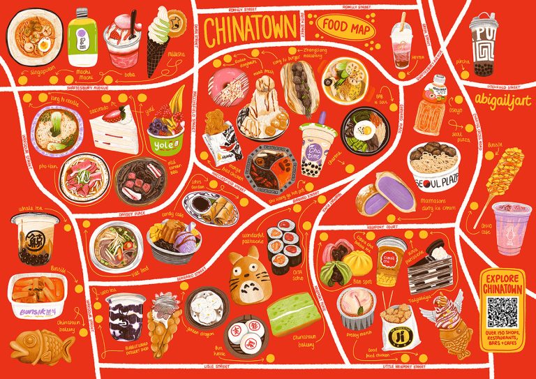 Illustration work by Abigail Smith showing a map with colourful food and drinks items from Chinatown on a bright red background.